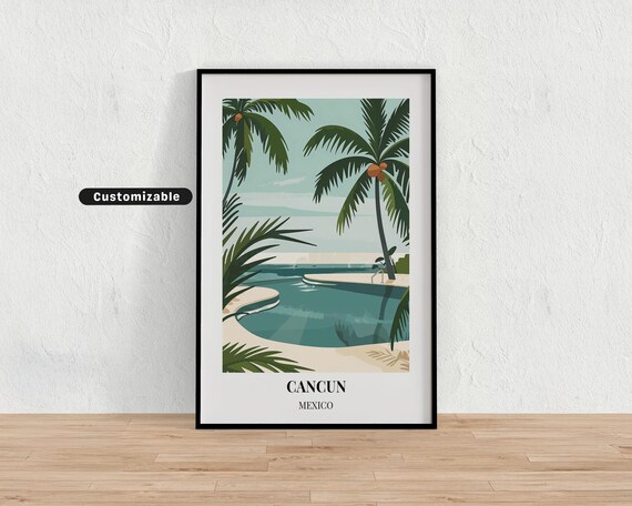 Cancun Mexico Tropical Palm Fringed Lagoon Beach Retro Travel Poster