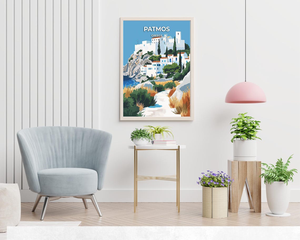 Patmos Greece White Hilltop Monastery Chora Vintage Travel Poster - Image 2