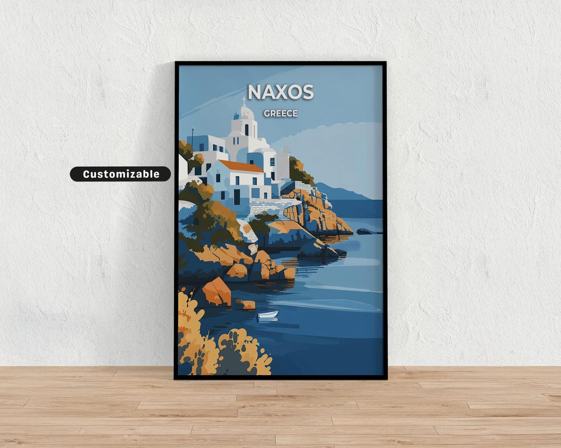 Naxos Greece Whitewashed Church Rocky Coast Aegean Travel Poster