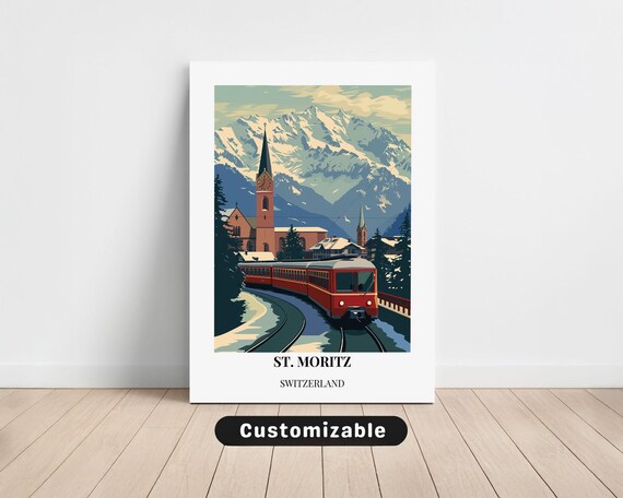 St Moritz Switzerland Red Train Alpine Snowy Winter Travel Poster