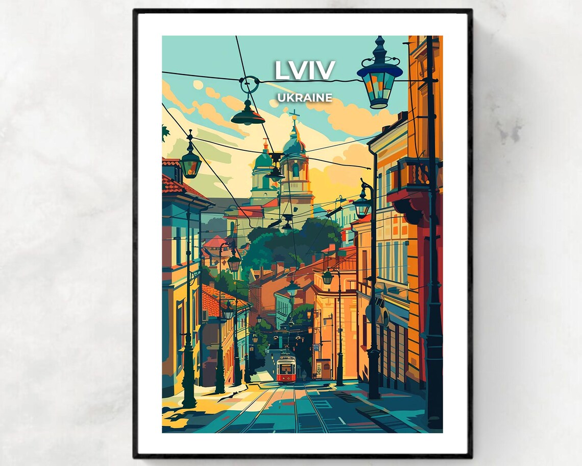 Lviv Ukraine Tram Street Church Vintage Travel Illustration Poster
