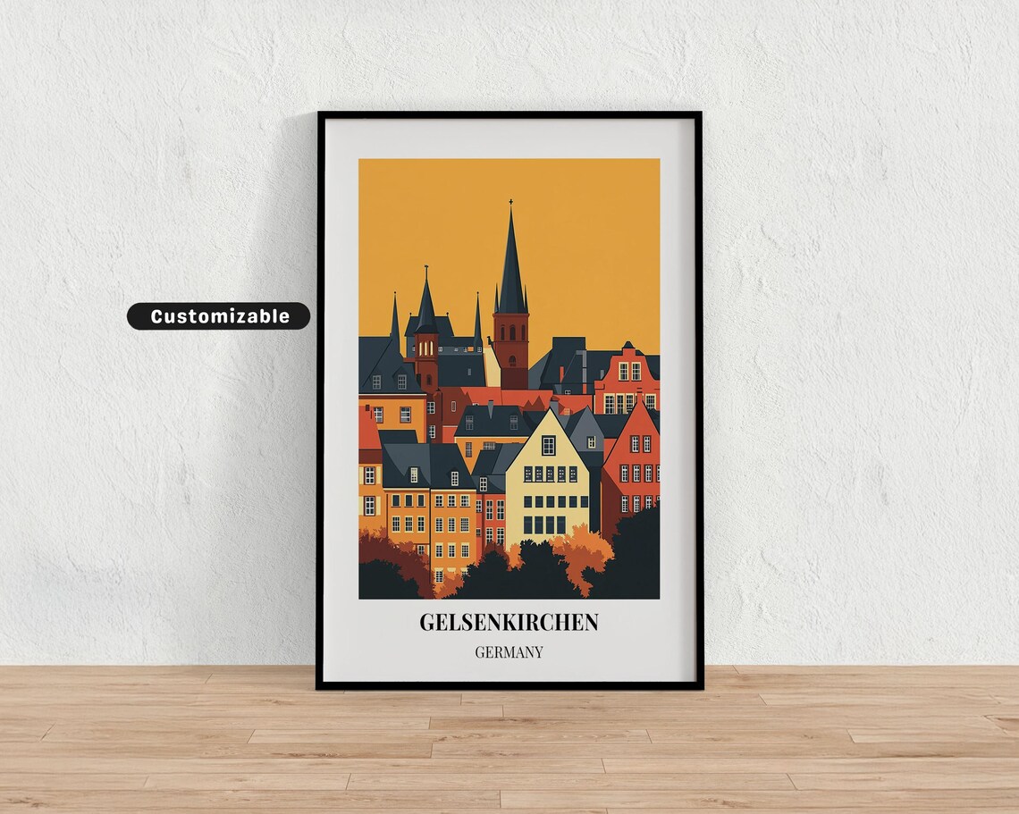 Gelsenkirchen Germany Retro Skyline Church Spires Sunset Travel Poster