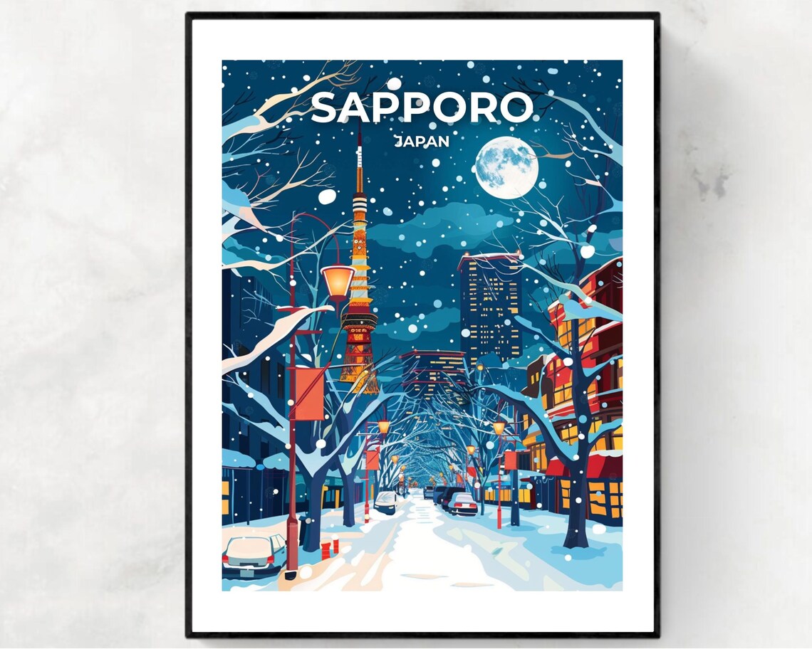 Sapporo Japan Snowy Night Street TV Tower Moonlight Travel Poster