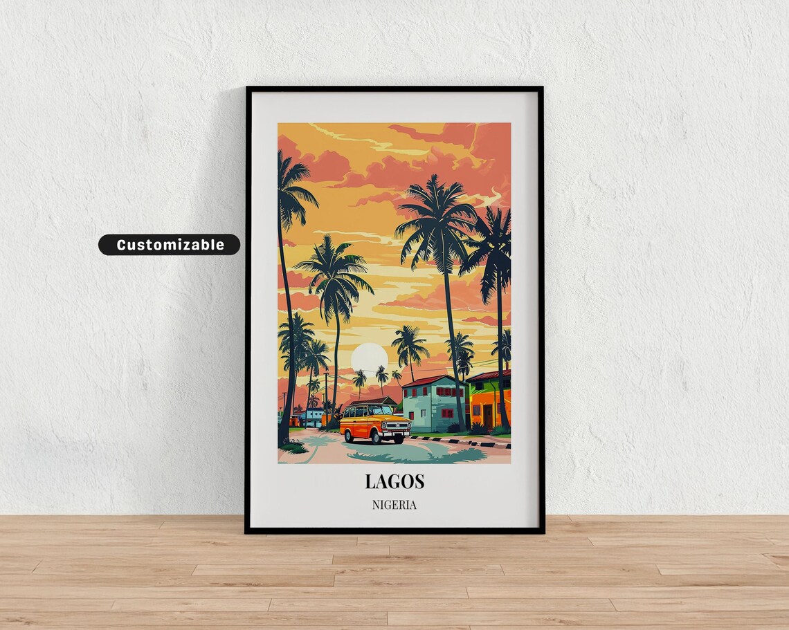 Lagos Nigeria Sunset Palm Trees Orange Taxi Vintage Travel Poster