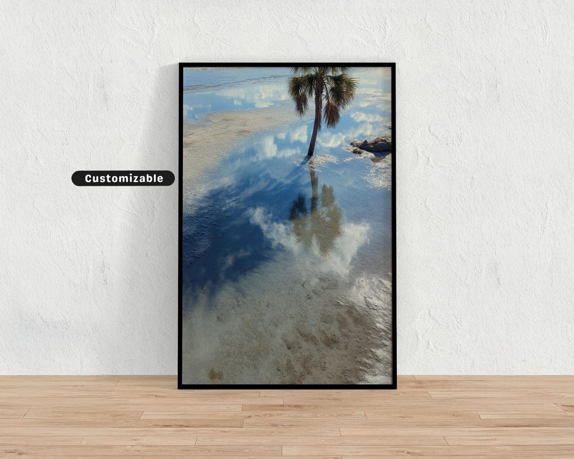 Palm Tree Reflection in Tide Pool Beach Photography Coastal Poster