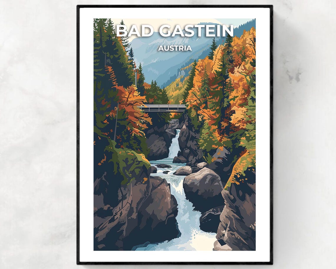 Bad Gastein Austria Golden Autumn Waterfall Gorge Vintage Poster