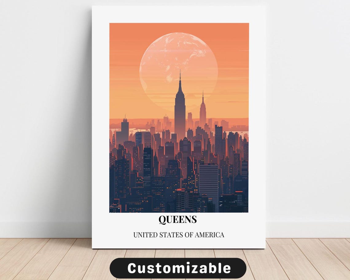 Queens New York Sunset Skyline Retro Minimal Modern Travel Poster