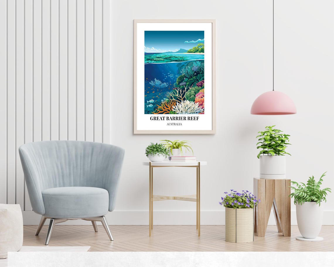 Great Barrier Reef Australia Above Below Water Coral Scene Poster - Image 2