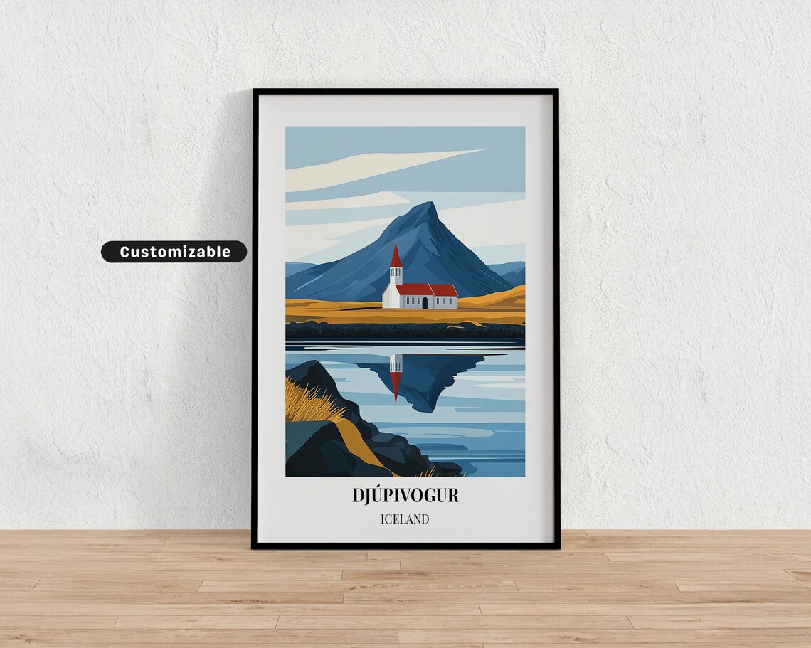 Djupivogur Iceland Church Mountain Peak Lake Travel Art Poster