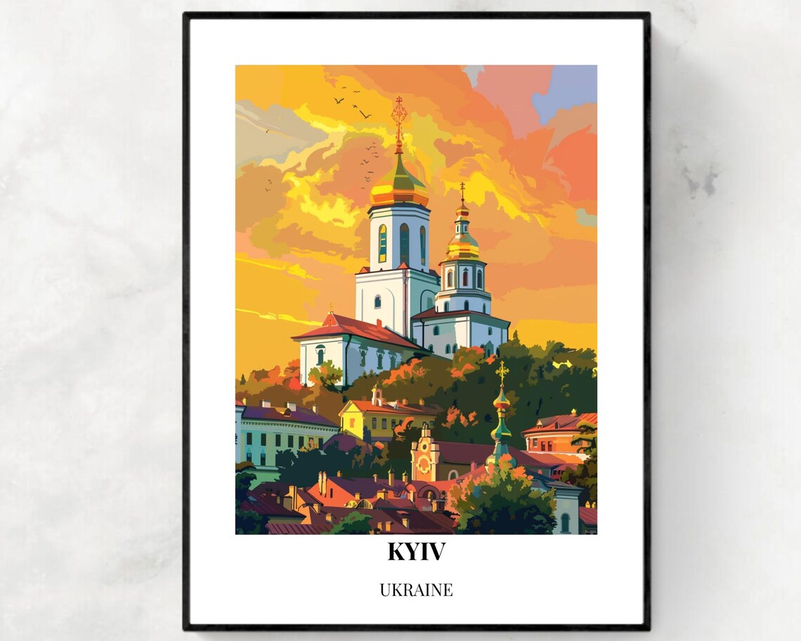 Kyiv Ukraine Golden Domed Churches Sunset Art City Travel Poster