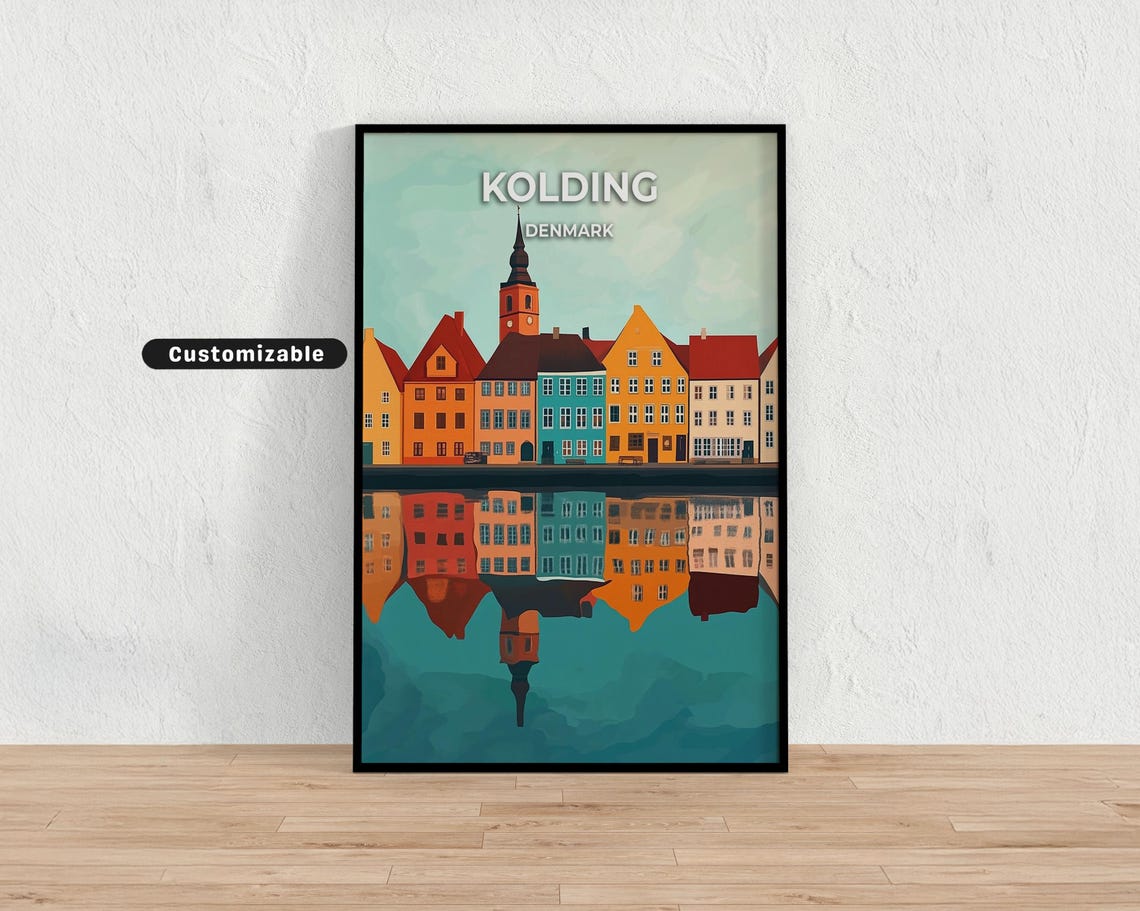 Kolding Denmark Harbor Houses Reflection Calm Water Travel Poster