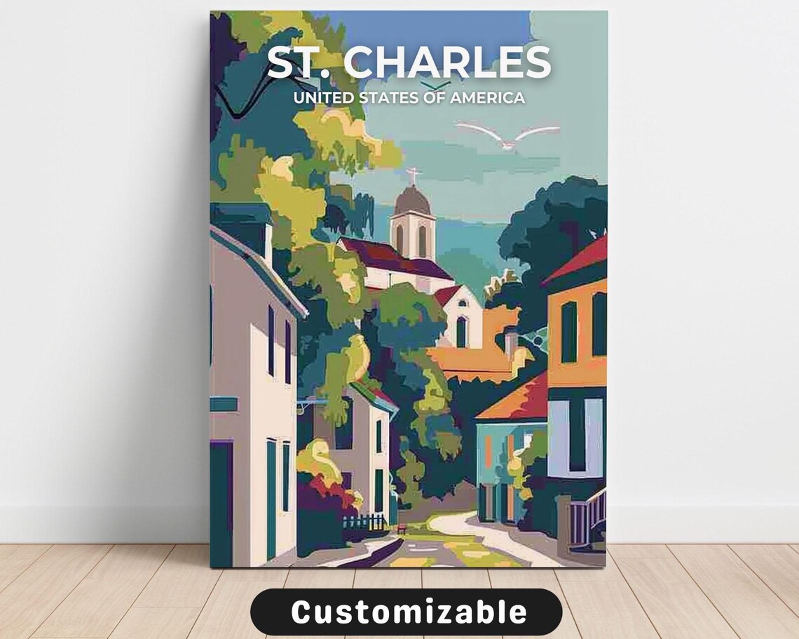 St Charles USA Historic Village Church Street Vintage Travel Poster