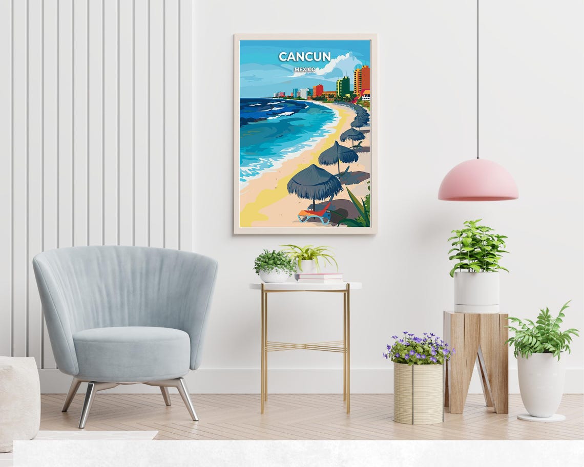 Cancun Mexico Beach Umbrellas Daytime Shoreline Scene Travel Poster - Image 2
