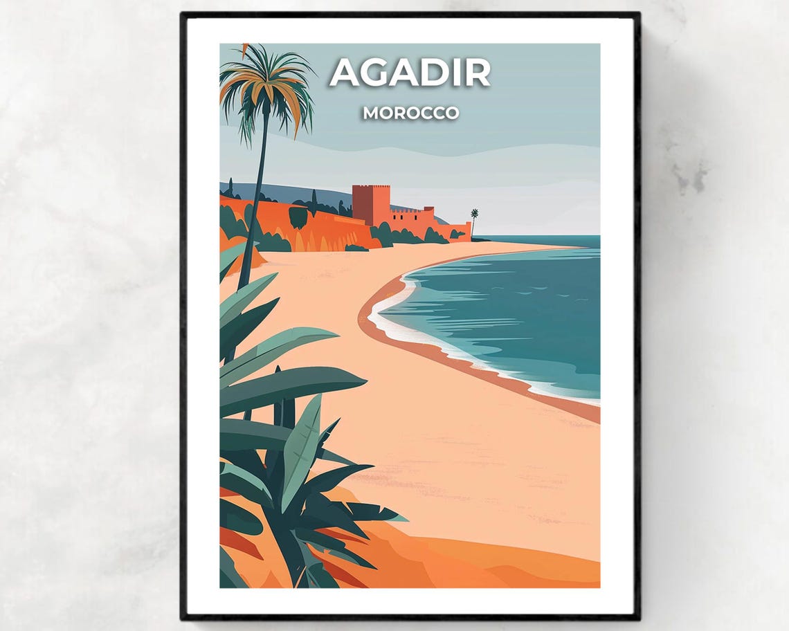 Agadir Palm Beach And Red Hillside Kasbah Morocco Travel Poster