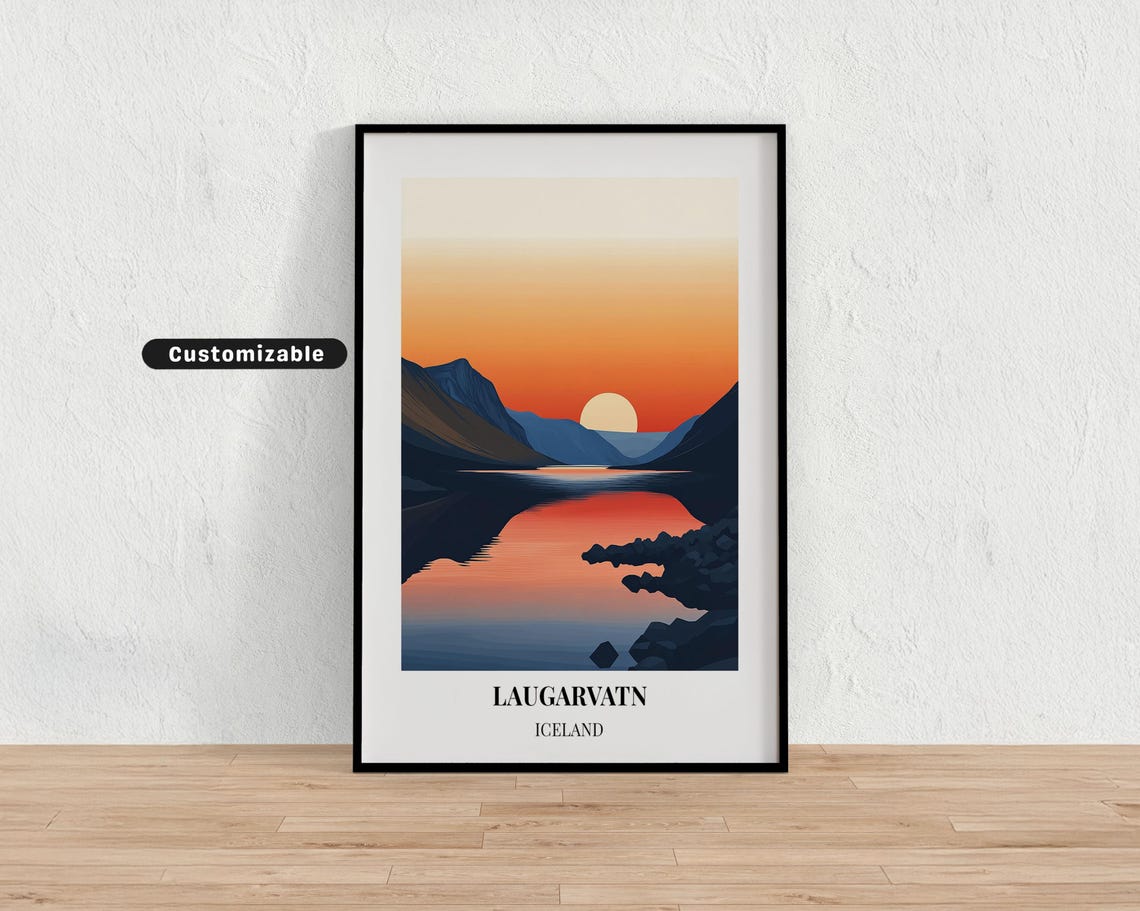 Laugarvatn Iceland Orange Sunset Lake Reflection Mountain Poster