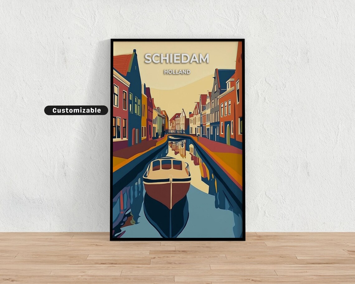 Schiedam Holland Canal Boat Reflection Vintage Travel Poster Art