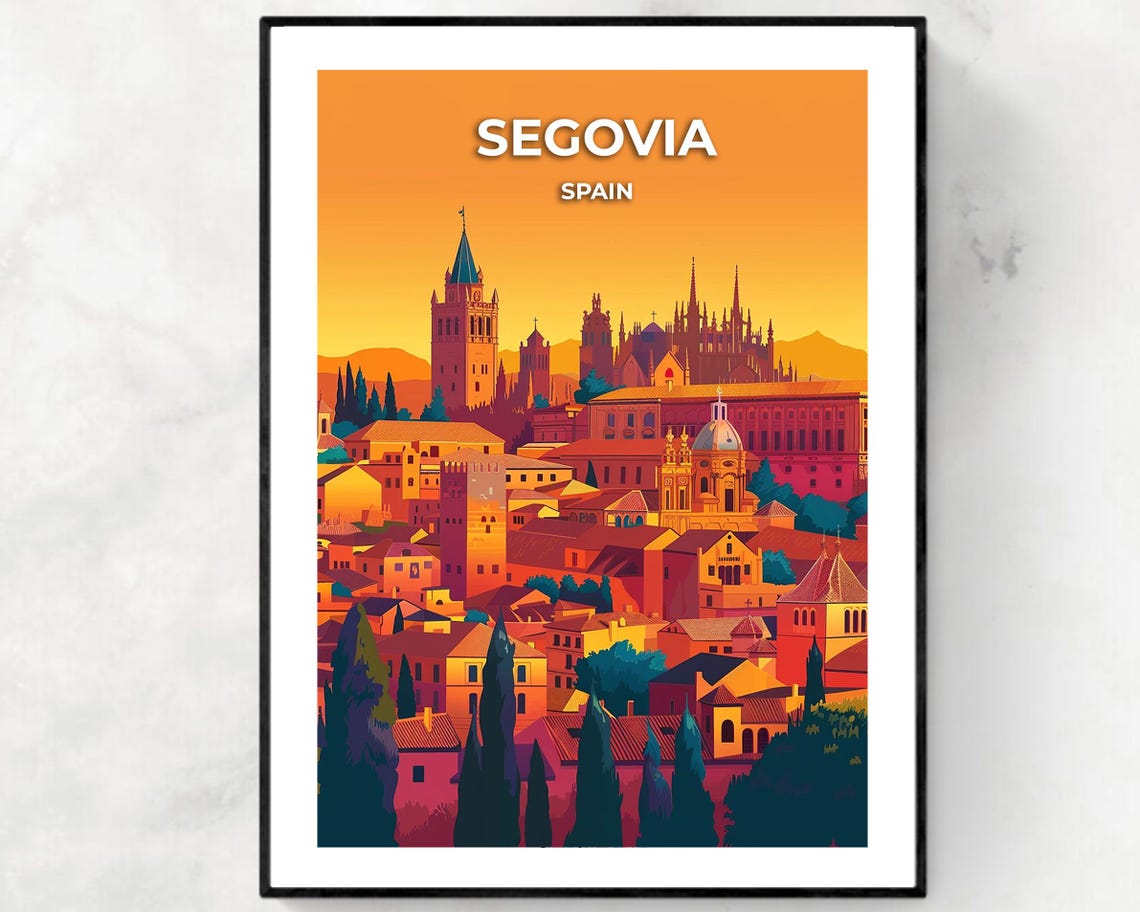 Segovia Spain Old Town Sunset Cathedral Skyline Vintage Travel Poster