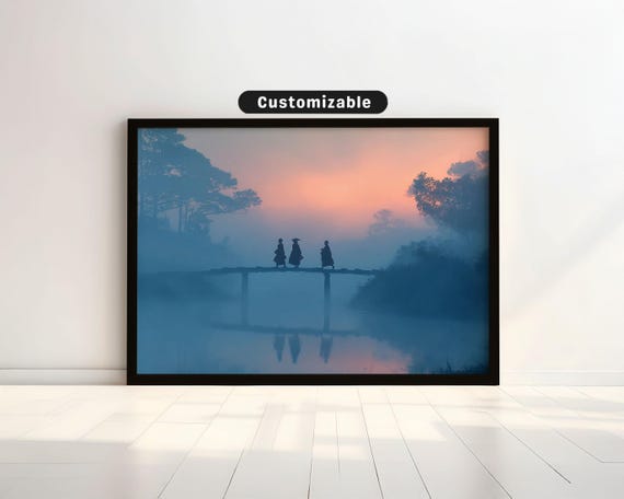 Monks Crossing Bridge Over Misty Stream At Dawn Japanese Wall Art Print Zen Asian Decor
