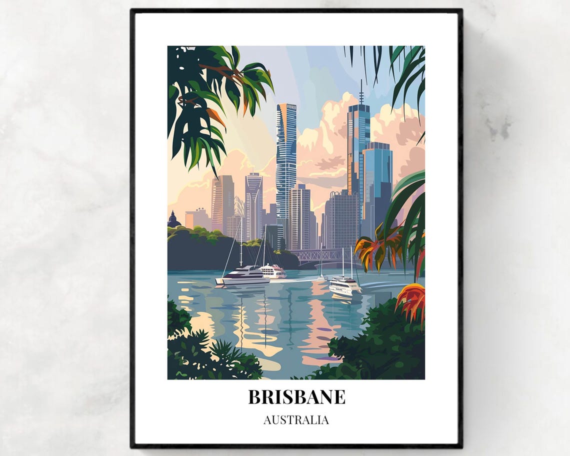 Brisbane Australia Sunset Harbor Yacht Riverfront Travel Poster