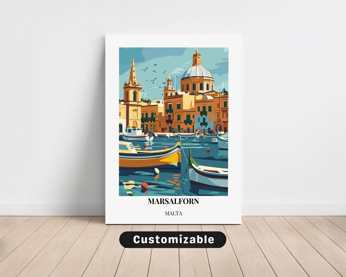 Marsalforn Malta Gozo Harbor Luzzu Boats Vintage Travel Poster