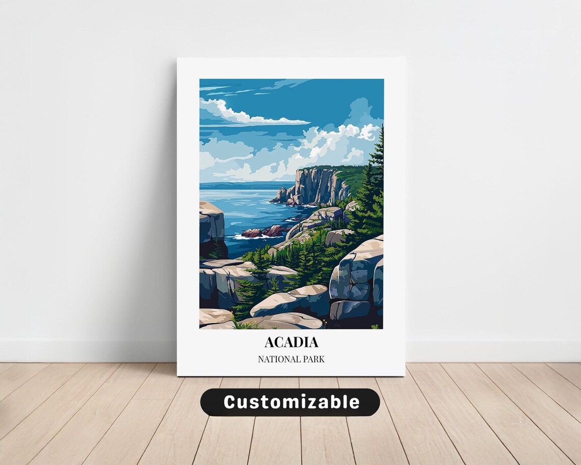 Acadia National Park Rocky Cliffs Ocean View Retro Travel Poster