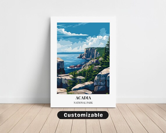 Acadia National Park Rocky Cliffs Ocean View Retro Travel Poster