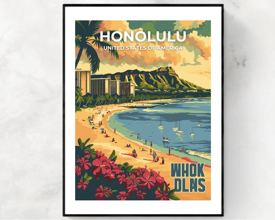 Honolulu Waikiki Beach Diamond Head Vintage Sunset Travel Poster