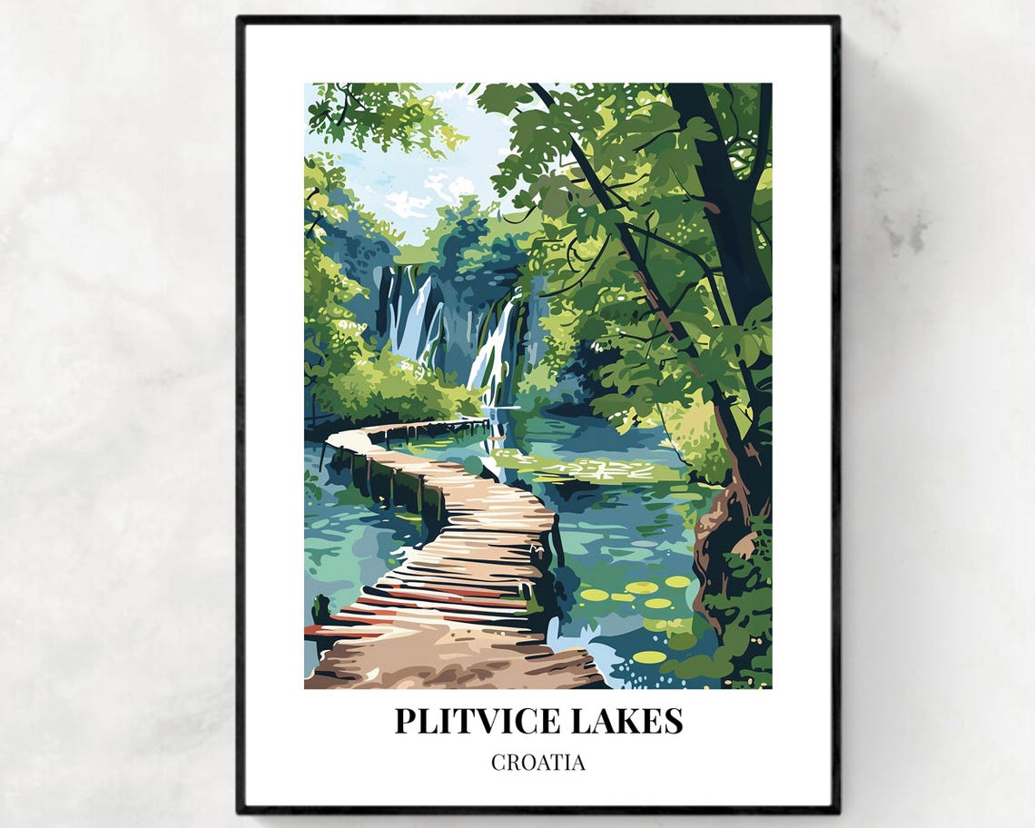 Plitvice Lakes Croatia Forest Waterfall Boardwalk Travel Poster