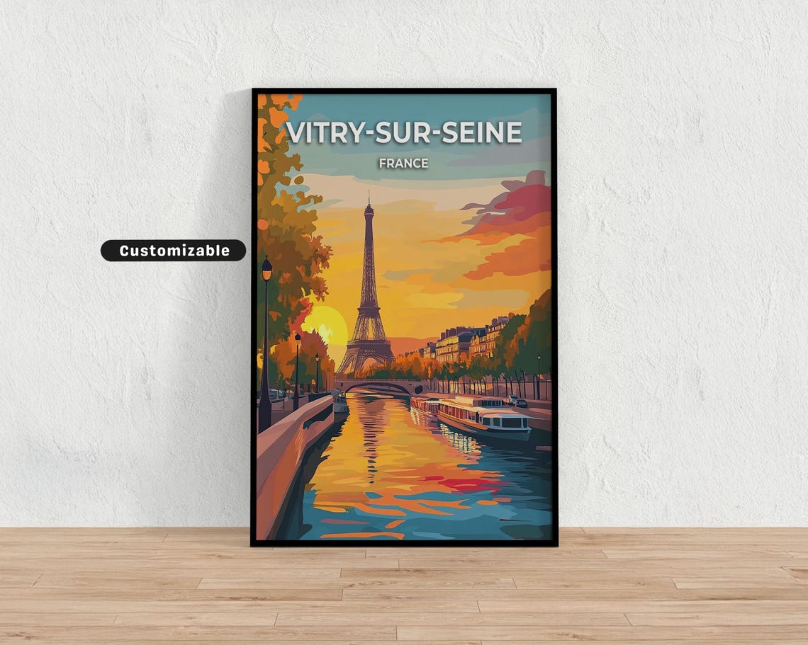 Vitry-sur-Seine France Eiffel Tower Seine River Sunset Travel Poster
