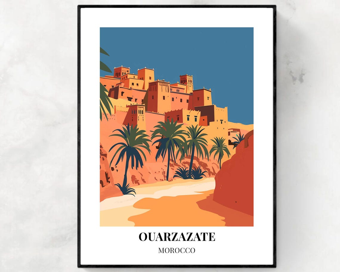 Ouarzazate Morocco Desert Kasbah Palm Oasis Sun Baked Travel Poster