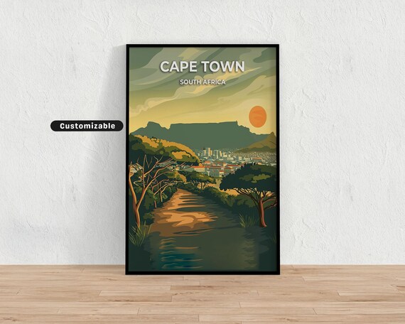 Cape Town South Africa Table Mountain Sunset Vintage Style Poster