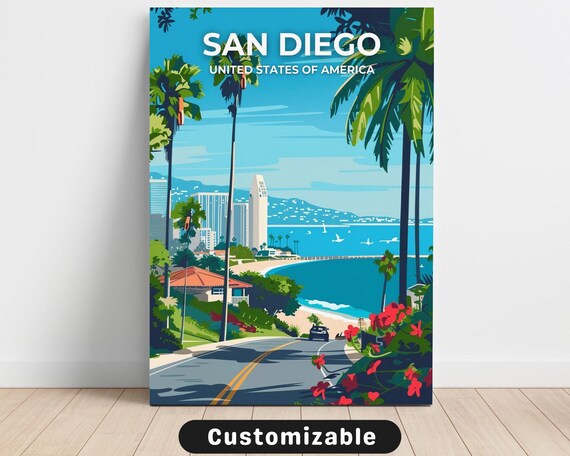 San Diego California Palm Road Ocean Coast Retro Travel Poster