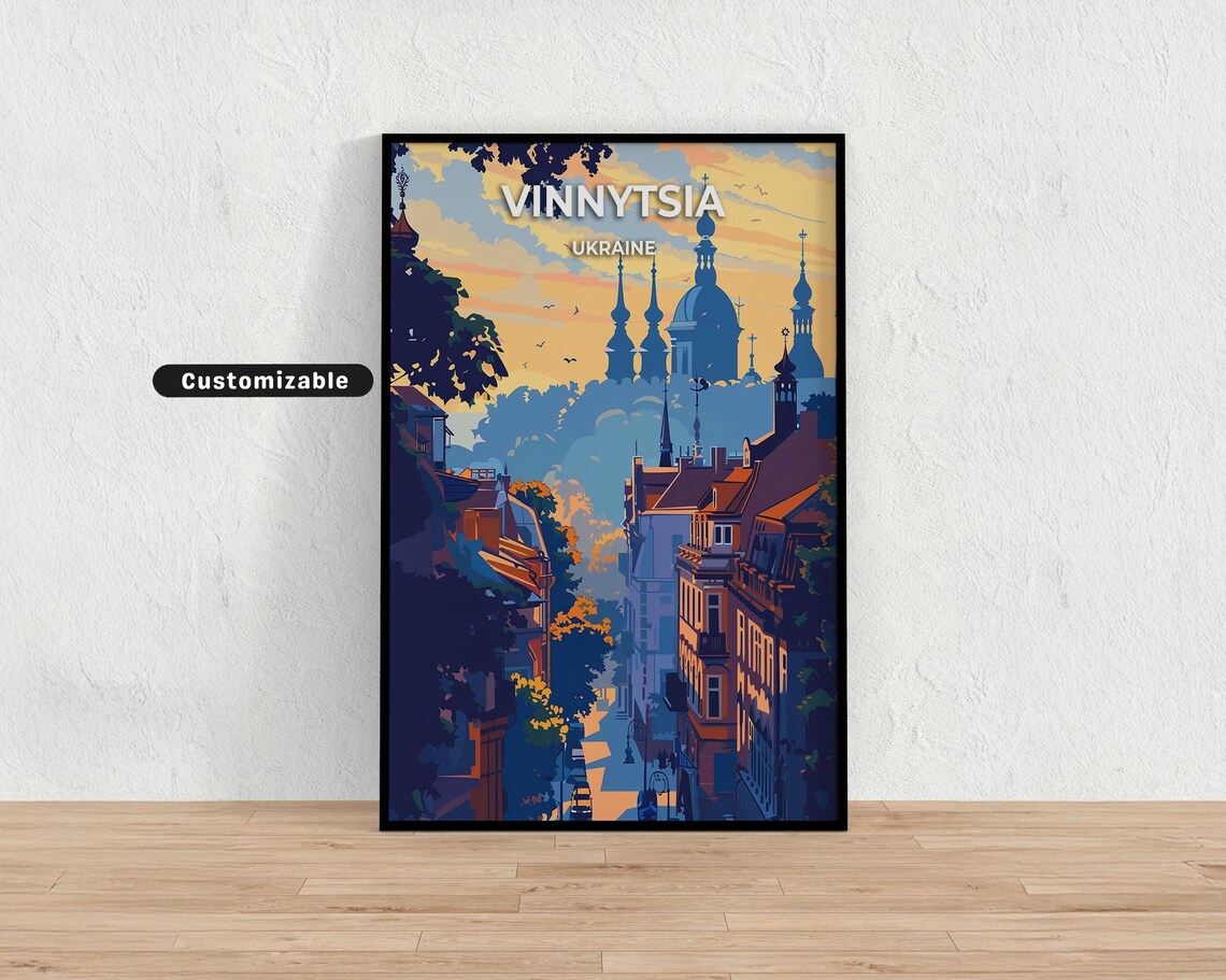 Vinnytsia Ukraine City Sunset Travel Poster with Domes and Towers