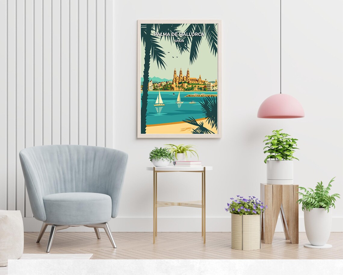 Palma de Mallorca Spain Cathedral Bay and Sailing Boats Travel Poster - Image 2