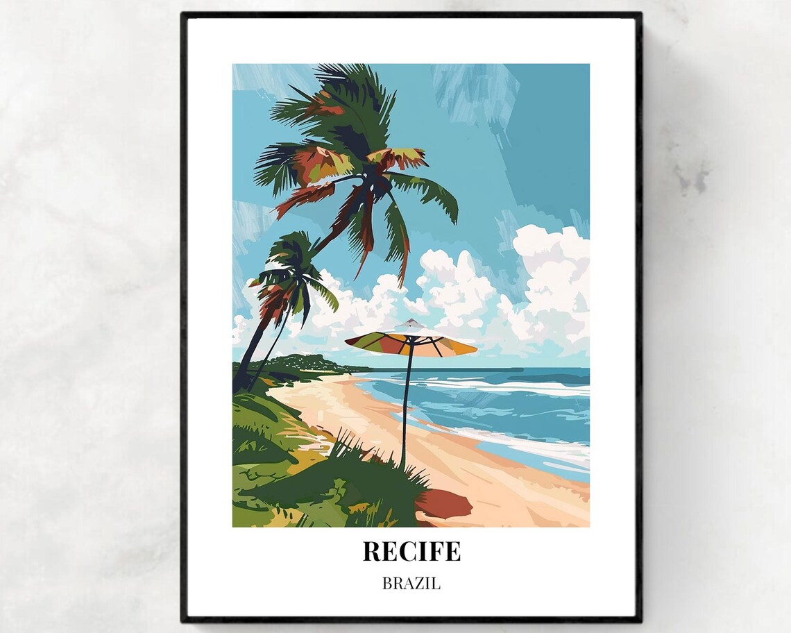 Recife Brazil Leaning Palm And Umbrella On Sandy Beach Poster