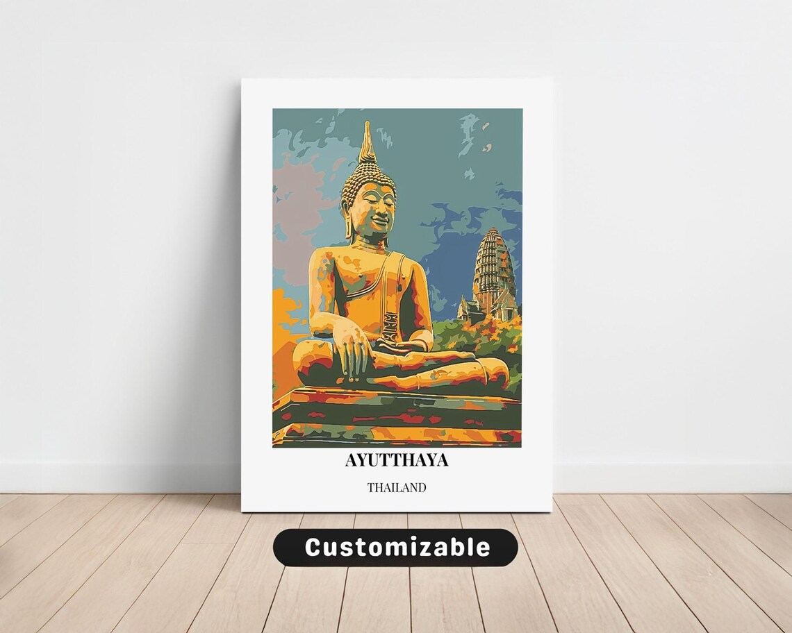 Ayutthaya Thailand Golden Buddha Statue Pop Art Style Travel Poster