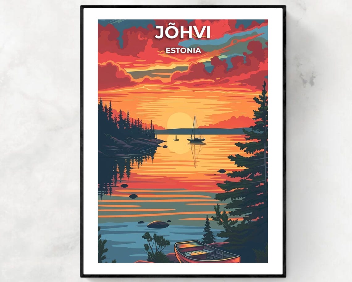 Jõhvi Estonia Sunset Lake Sailboats Pine Forest Shoreline Art Poster