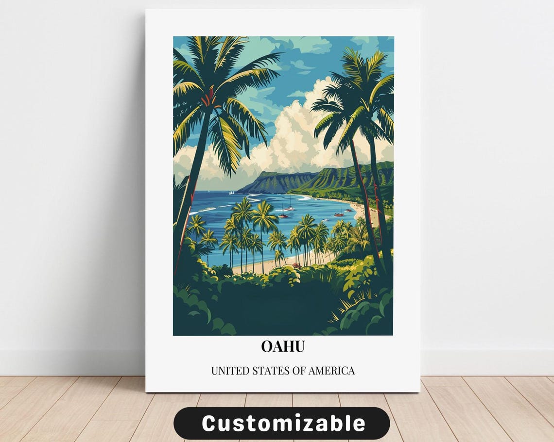 Oahu Tropical Bay Palm Trees Sailboats Vintage Hawaii Travel Poster