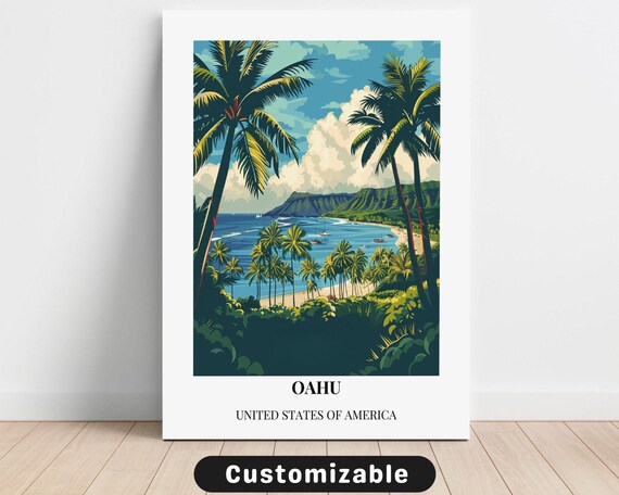 Oahu Tropical Bay Palm Trees Sailboats Vintage Hawaii Travel Poster