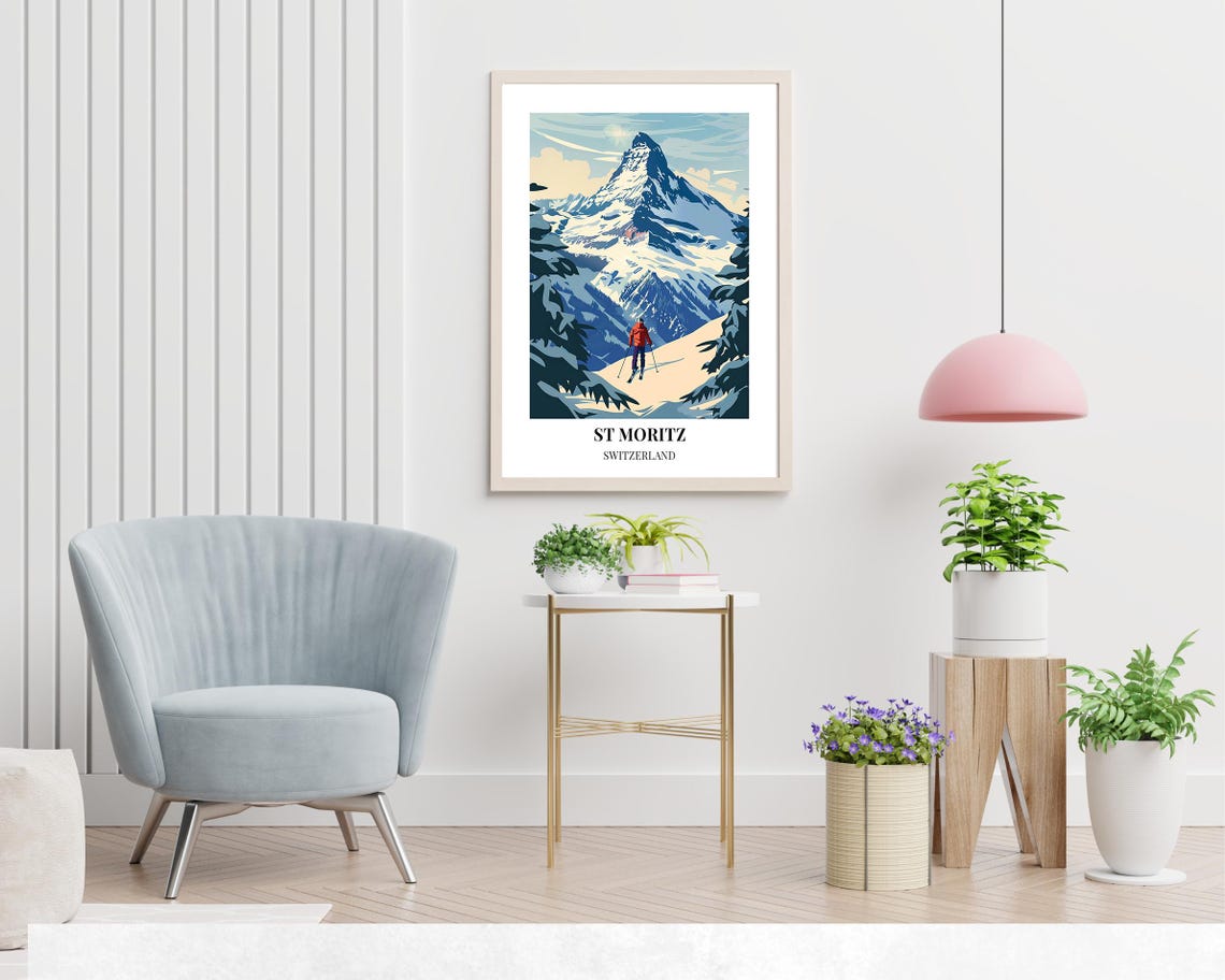 St Moritz Switzerland Pointed Summit Ski Descent Travel Poster - Image 2