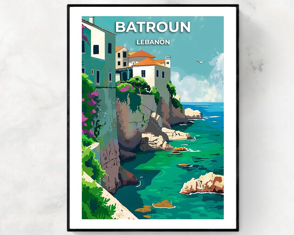 Batroun Lebanon Cliffside Houses Turquoise Sea Travel Poster
