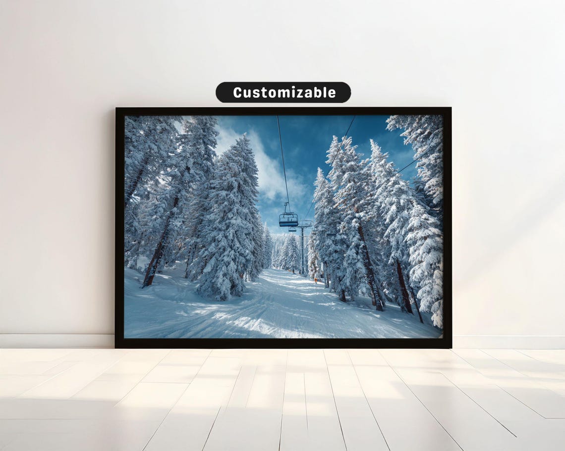 Snowy Pine Forest Poster Ski Lift Winter Mountain Photo Decor