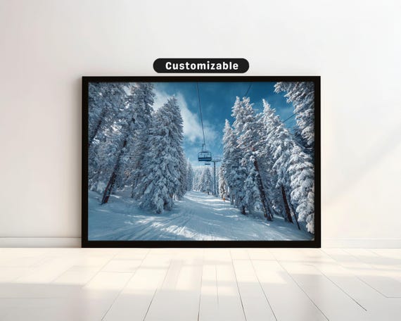 Snowy Pine Forest With Ski Lift And Blue Winter Sky Travel Wall Art Print Scenic Landscape Decor
