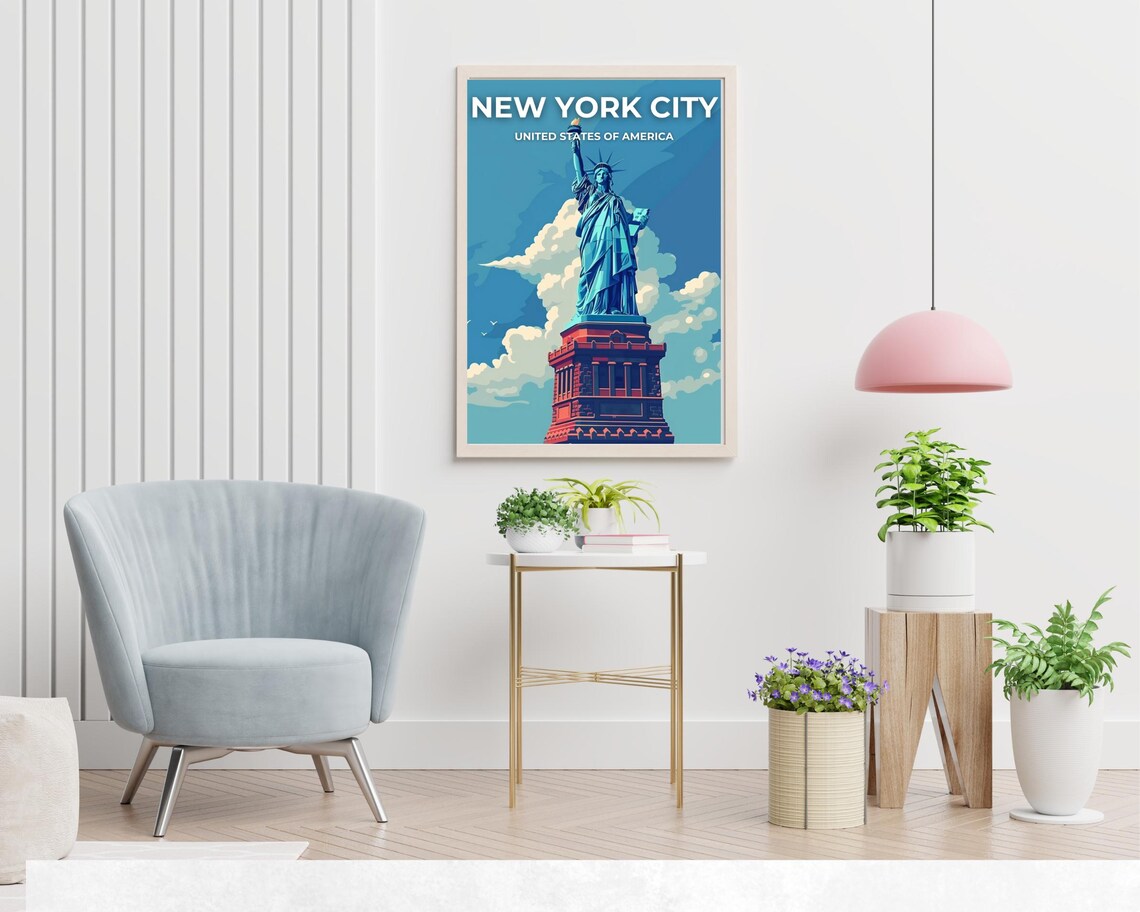 New York City Statue of Liberty Blue Sky Vintage Travel Poster - Image 2