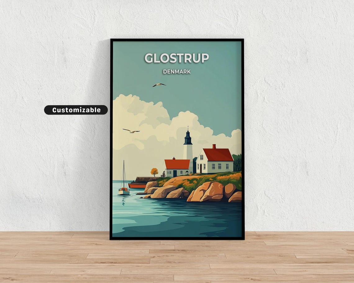 Glostrup Denmark Lighthouse Rocky Coast Red Cottages Travel Poster