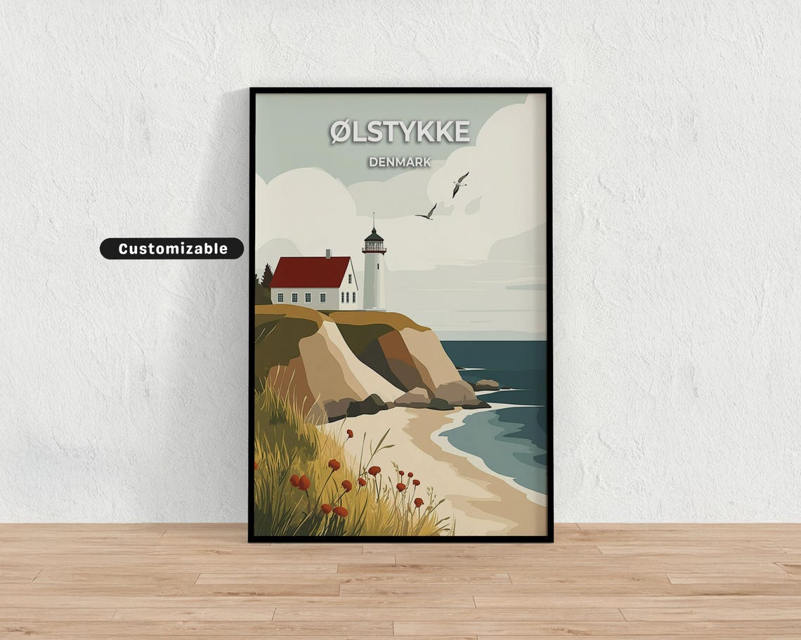 Ølstykke Denmark Lighthouse Cliffside Beach Sunset Travel Poster