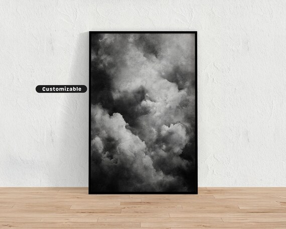 Textured Stormy Clouds In Charcoal Wash Effect Neutral Wall Art Print Minimalist Modern Decor