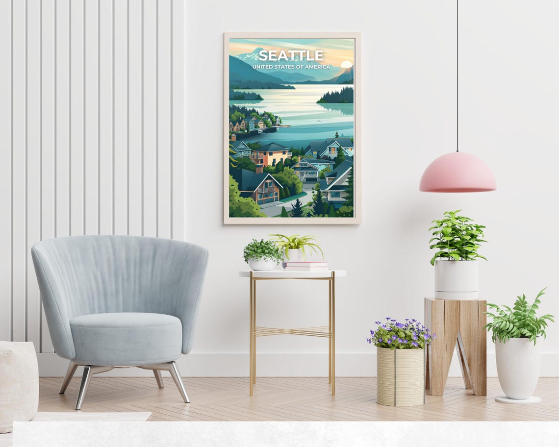 Seattle Washington Golden Lakeside Homes Headline Travel Poster - Image 2