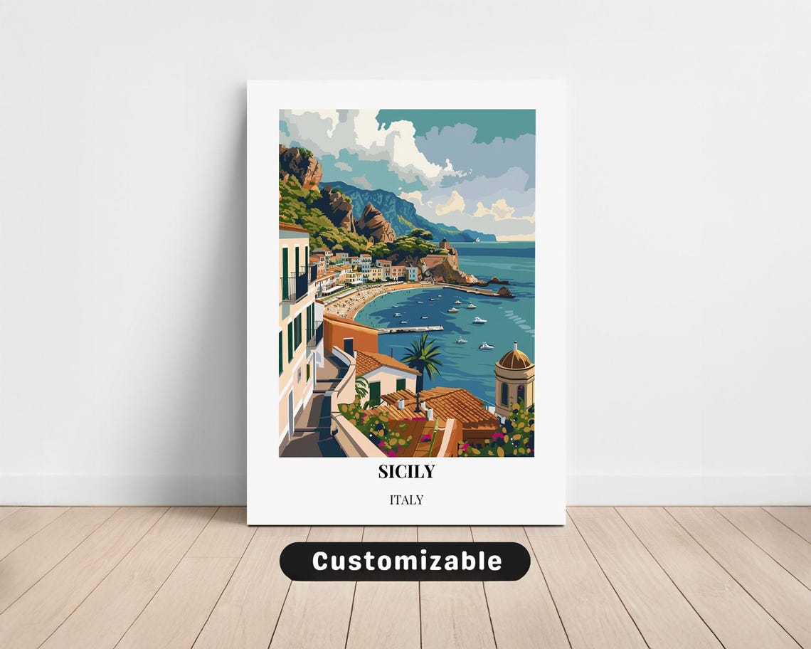 Sicily Italy Coastal Town Mediterranean Seaside Vintage Travel Poster