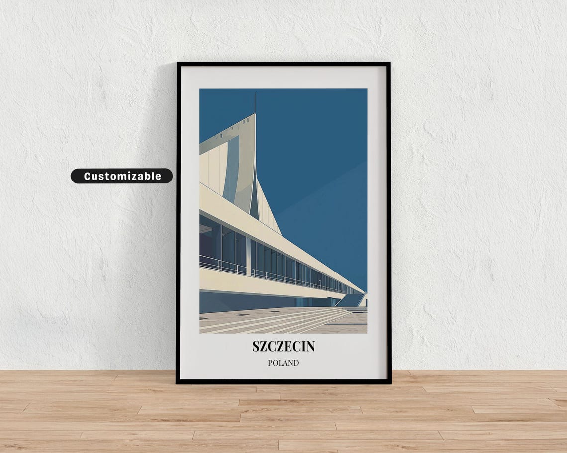 Szczecin Poland Modernist Architecture Minimal Navy Travel Print